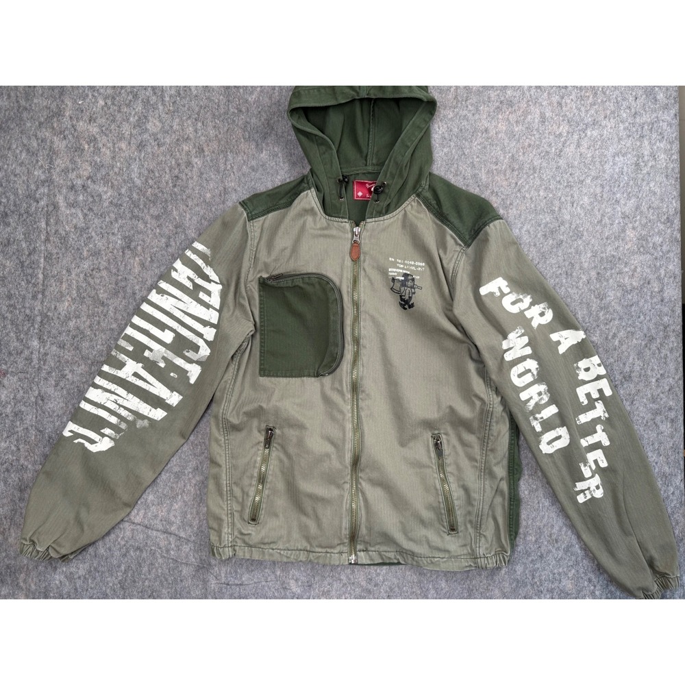 Strivers Row Mens Full Zip Hooded Jacket Green Herringbone‎ Graphic Size M